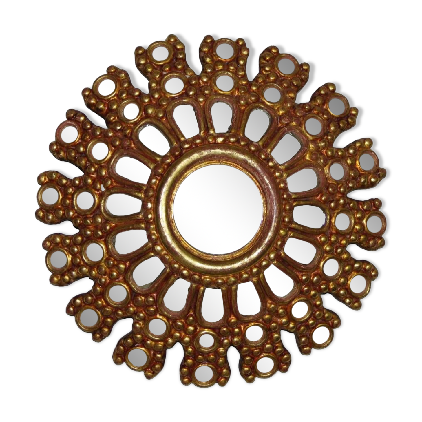 Vintage multi-faceted witch mirror in golden wood 1960 rare