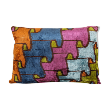Ikat Velvet Pillow, Colorful Silk Lumbar Cushion Cover, Puzzle Design Lumbar Pillows, Checkered