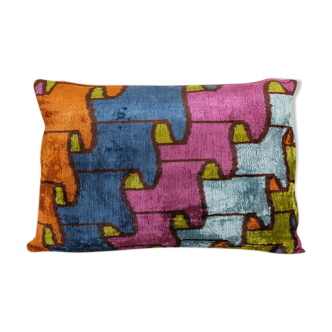 Ikat Velvet Pillow, Colorful Silk Lumbar Cushion Cover, Puzzle Design Lumbar Pillows, Checkered