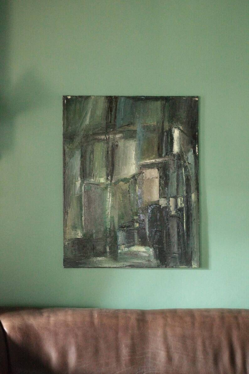 Oil on canvas signed Monique Humbert, abstract composition, wall painting, interior decoration.