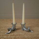 Pair of candlesticks candelabras cornucopia silver metal vintage design