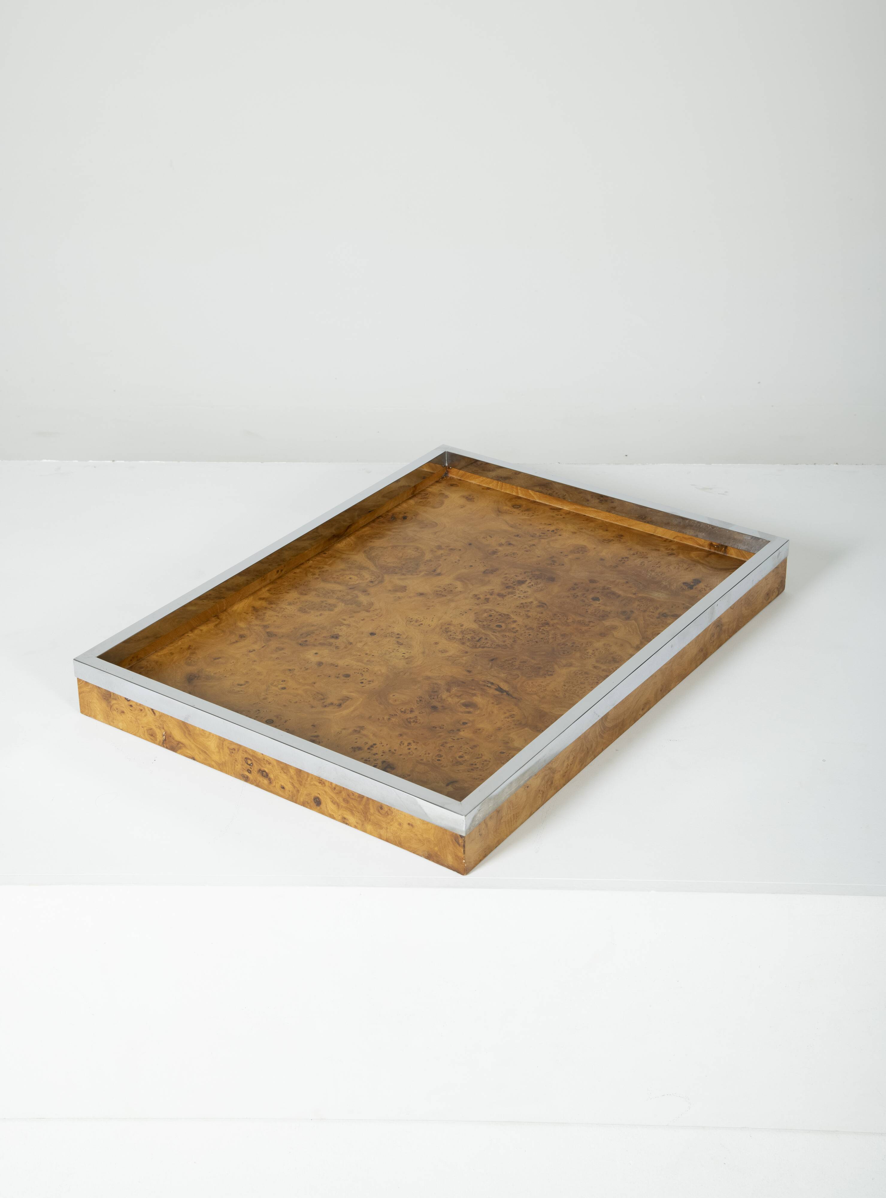 Elm and chrome magnifying glass tray, 1970s