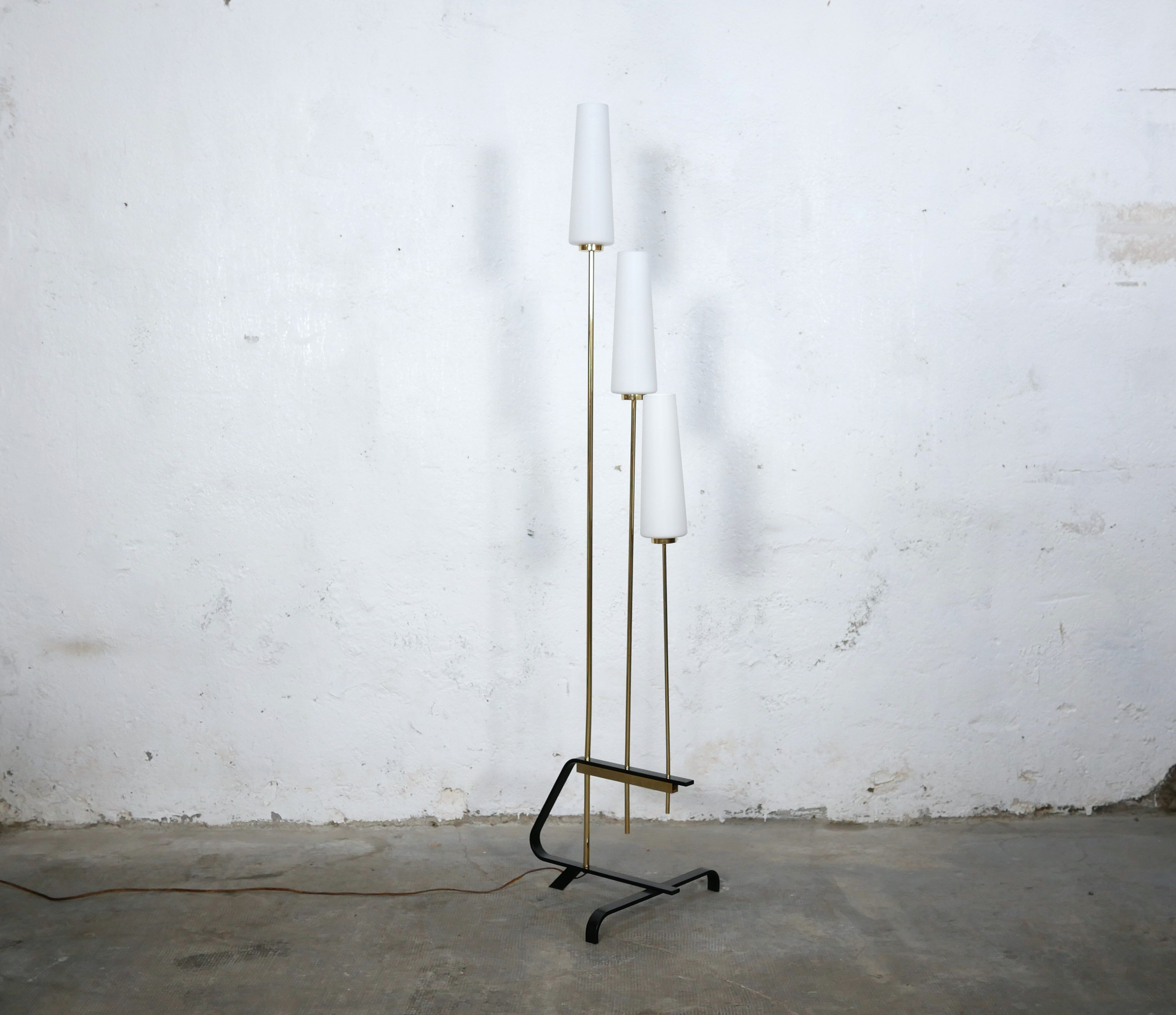 Vintage floor lamp in black metal, brass and opaline