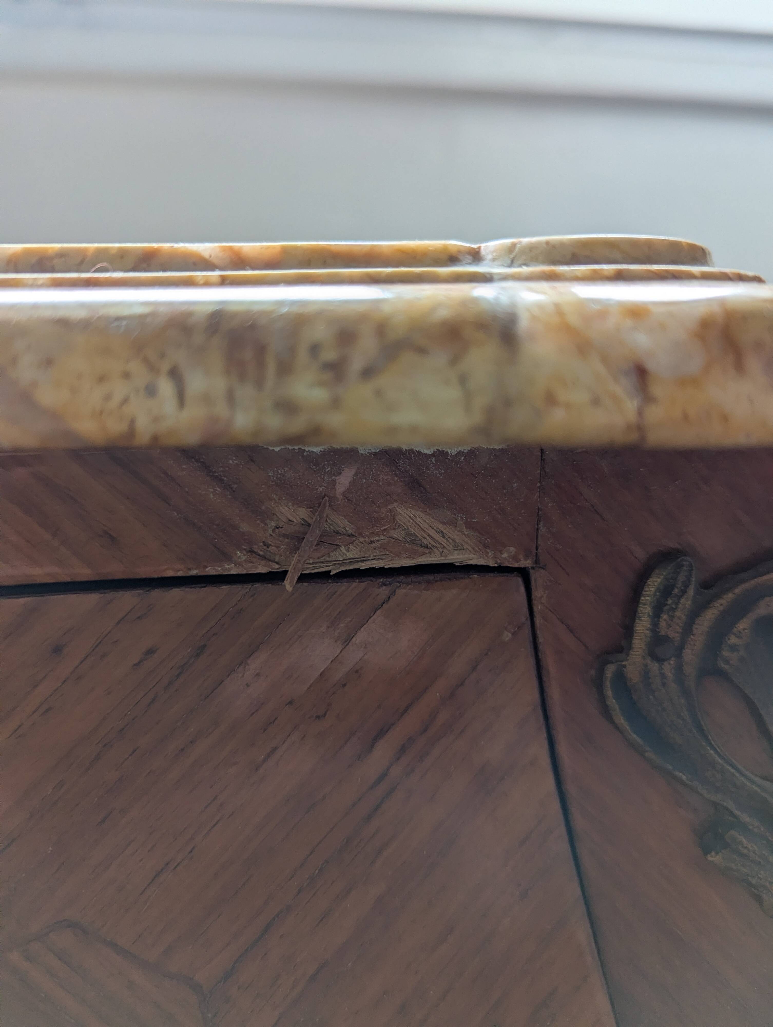 Curved commode in Louis XV style – marquetry & marble – bronze fittings