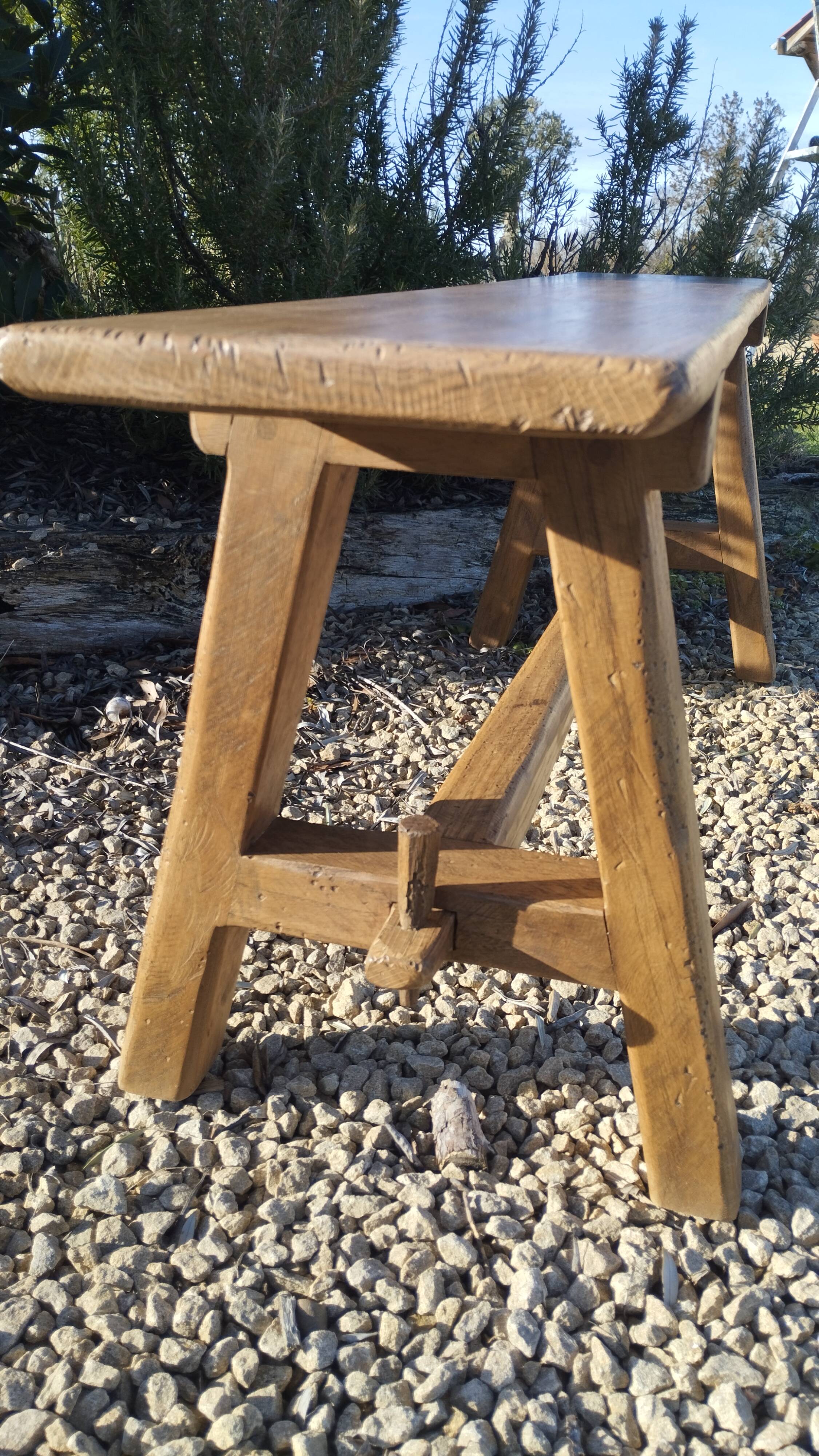 "A frame" bench in solid oak, patinated.