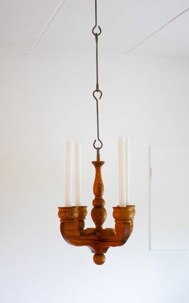 Rustic wooden pendant chandelier candleholder from Smålandsslöjd, Sweden, 1975