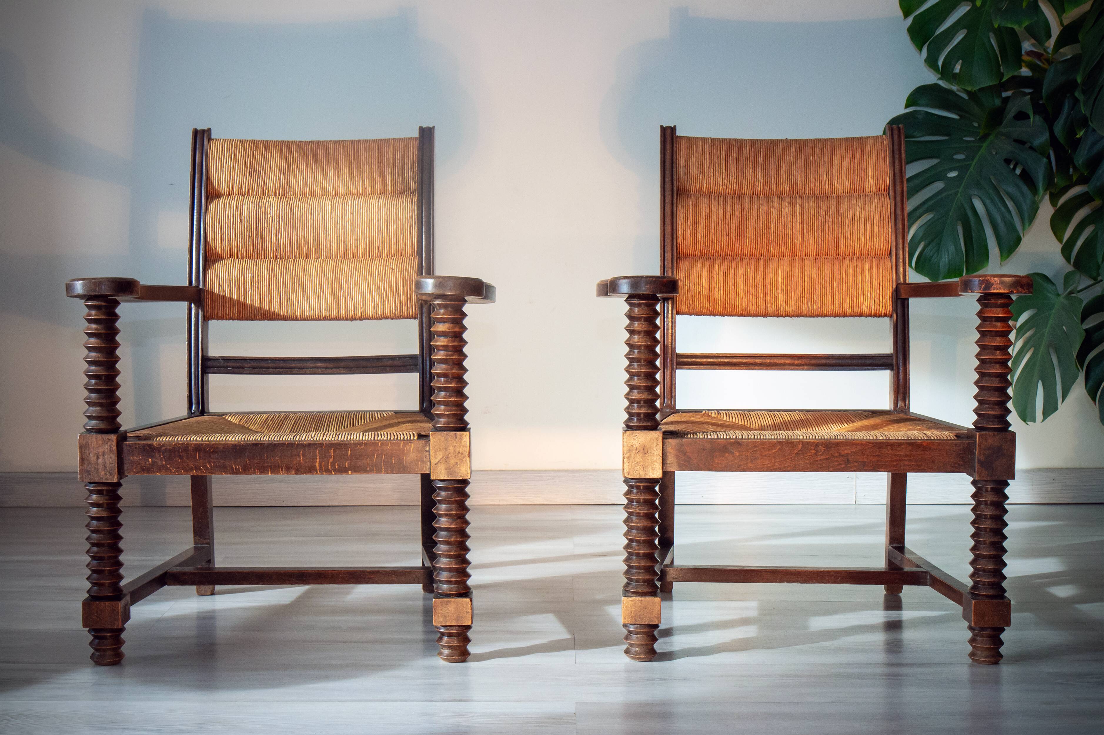Armchair in oak and rush, brutalist style, designed by Charles Dudouyt, 1940s