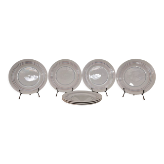 Set of 7 flat plates CERANORD St AMAND décor blue and red lines French Antique