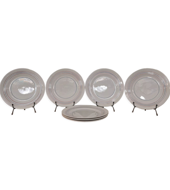 Lot de 7 assiettes plates CERANORD St AMAND décor lignes bleu et rouge French Antique