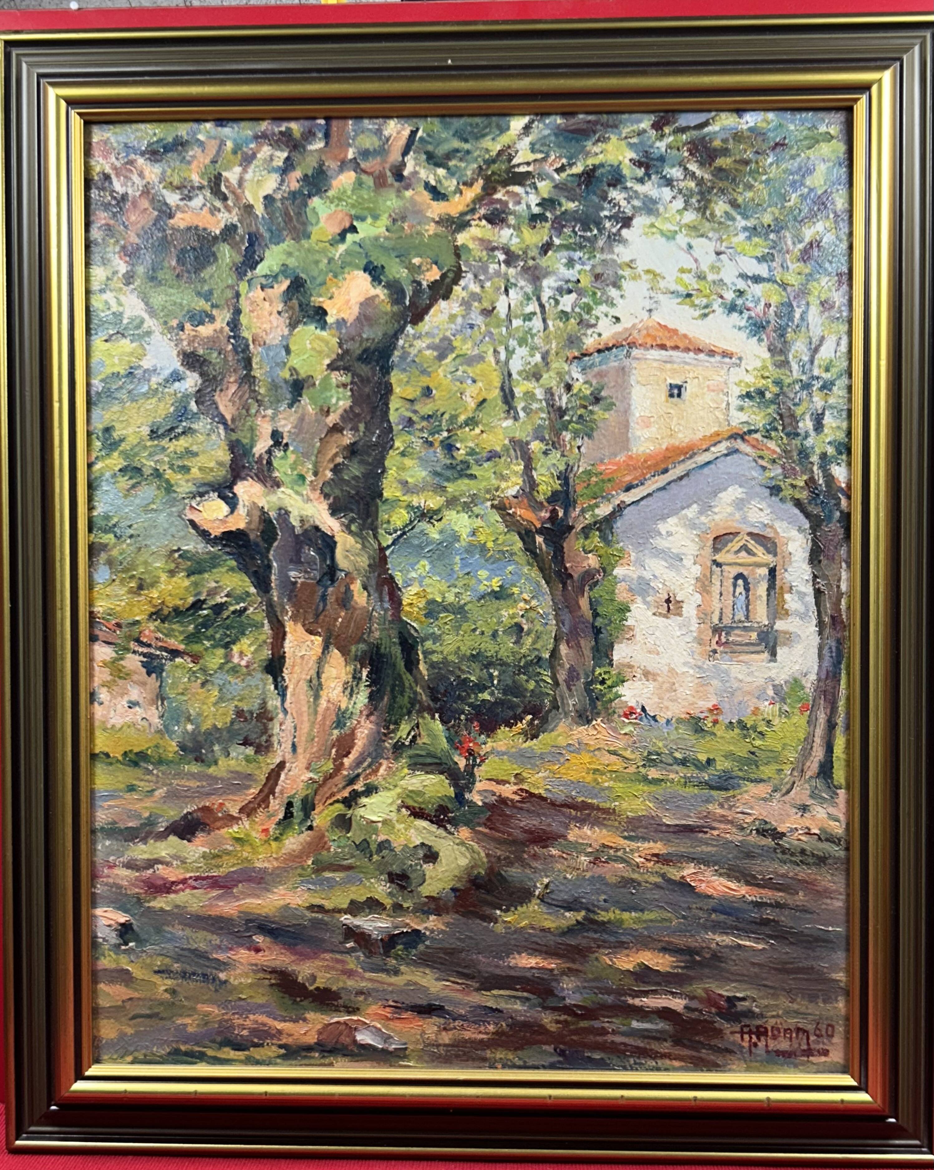 Oil on cardboard View of a Chapel ST Tropez? signed A. Adam 1960