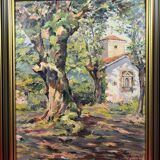 Oil on cardboard View of a Chapel ST Tropez? signed A. Adam 1960