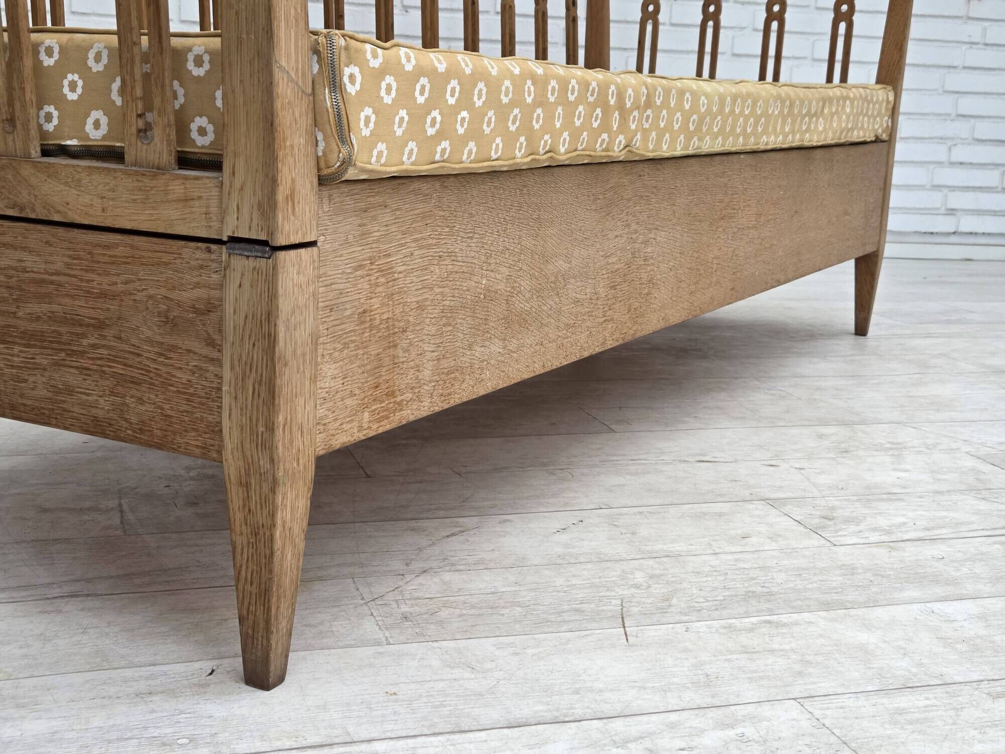 1970s, Swedish drop arm sofa/daybed, furniture fabric, oak wood.