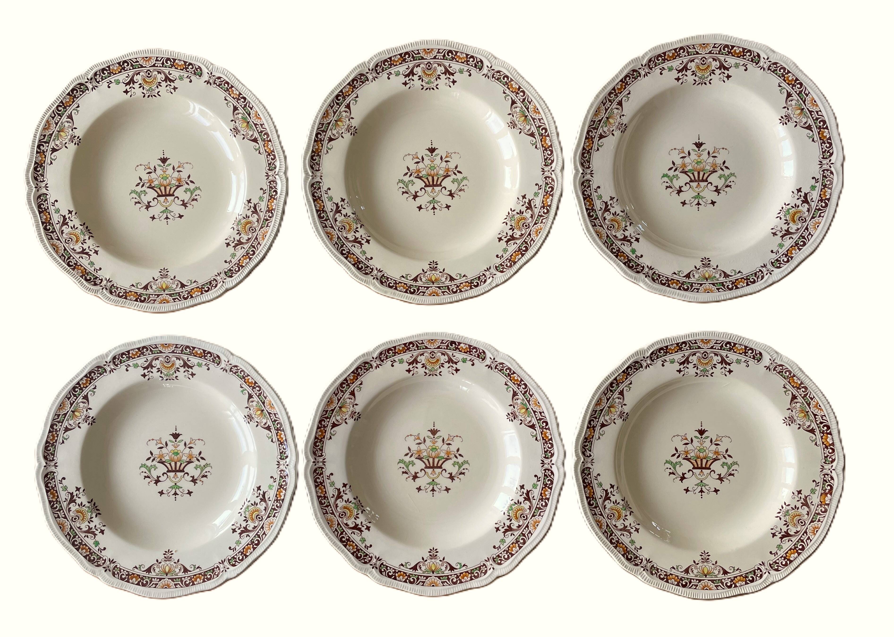6 antique semi-deep plates in Longchamp earthenware.