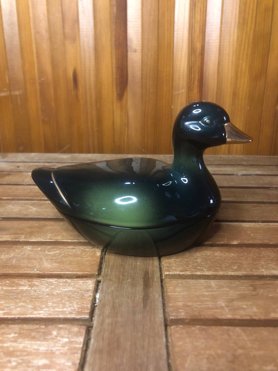 Old michel caugant terrine duck shape ceramic green golden vintage #a409