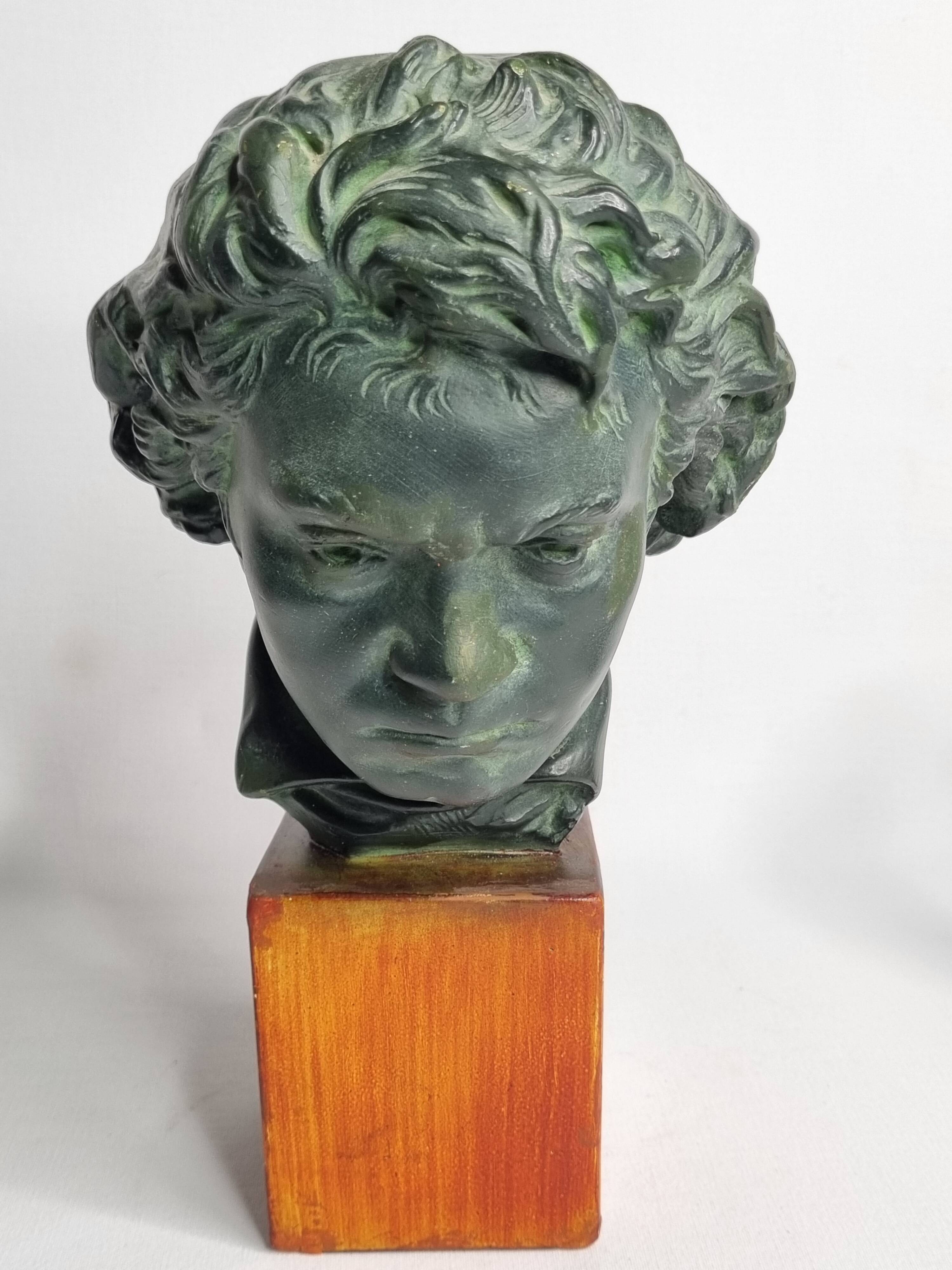 Plaster bust of Beethoven with bronze patina, signed, 27 cm