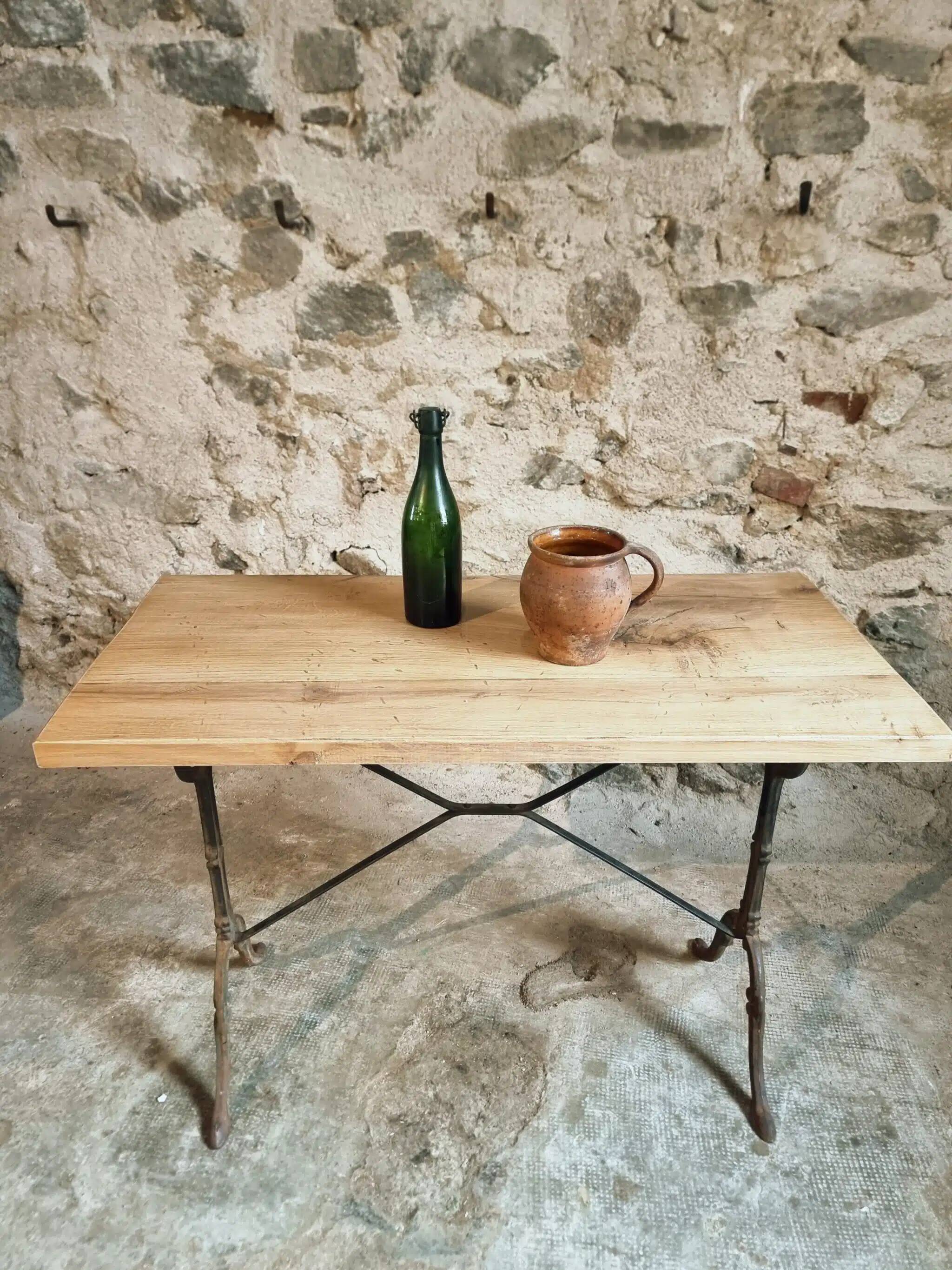 Vintage French bistro table - 1960s/70s cast iron base with solid oak top - retro coffee or wine table