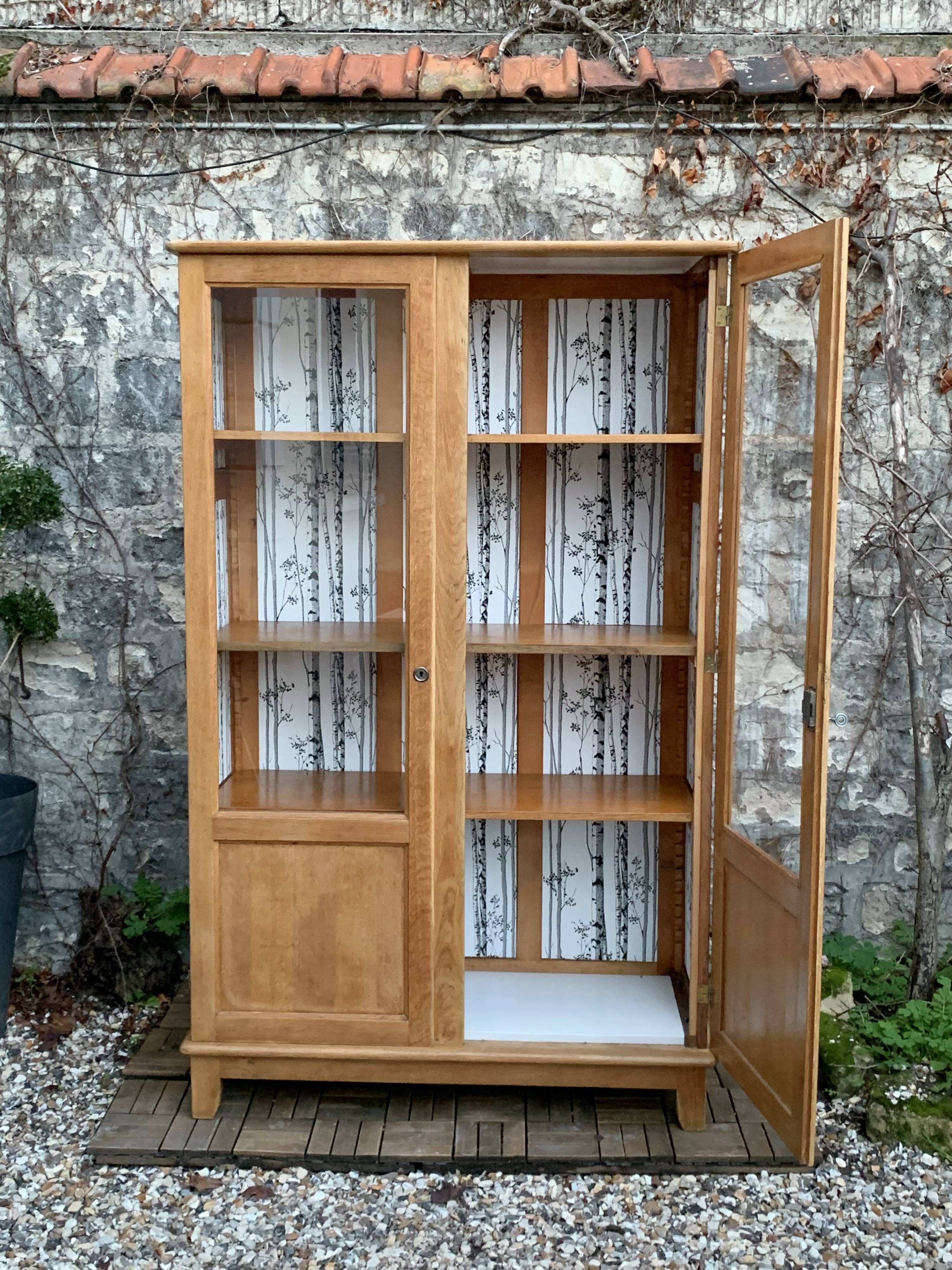 Solid raw oak school glass cabinet 1950