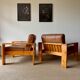 2 pine and leather armchairs from the 1970s