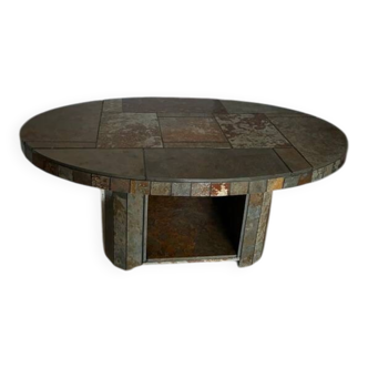 Brutalist Coffee Table – Stone Tile Rolling Table 1970s