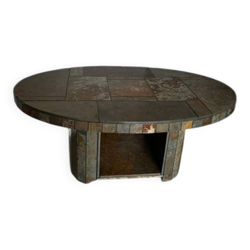 Brutalist Coffee Table – Stone Tile Rolling Table 1970s