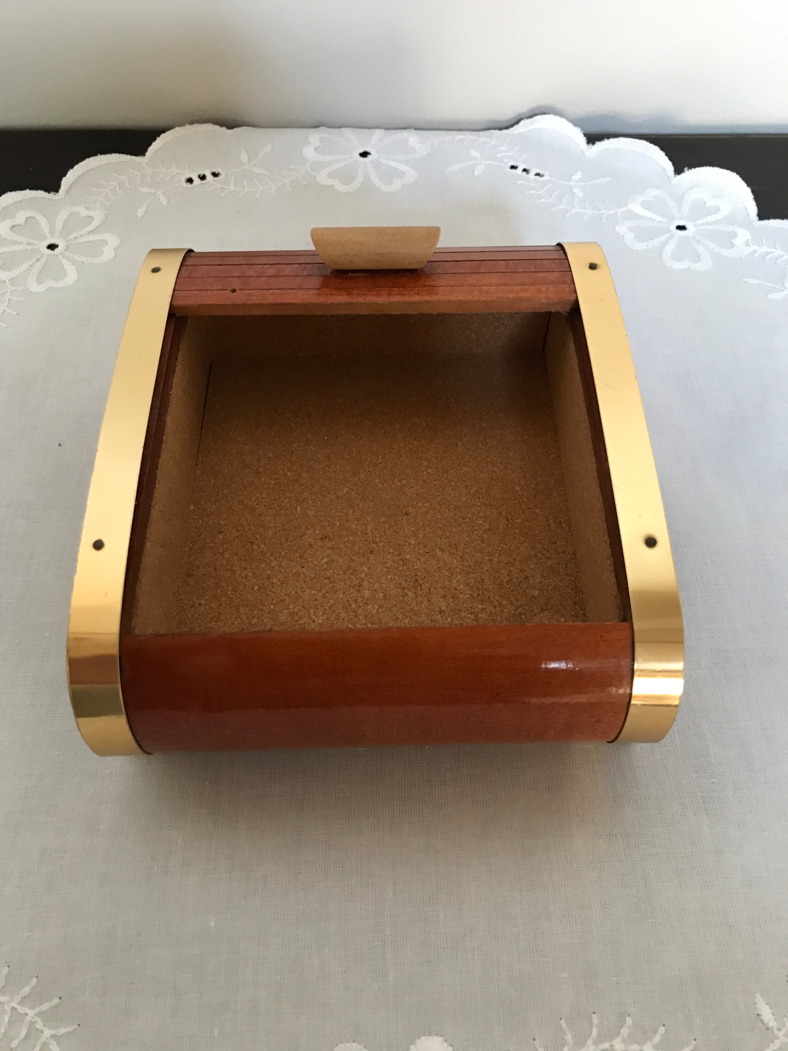 Vintage wooden cigarette box and brass curtain sliding lid