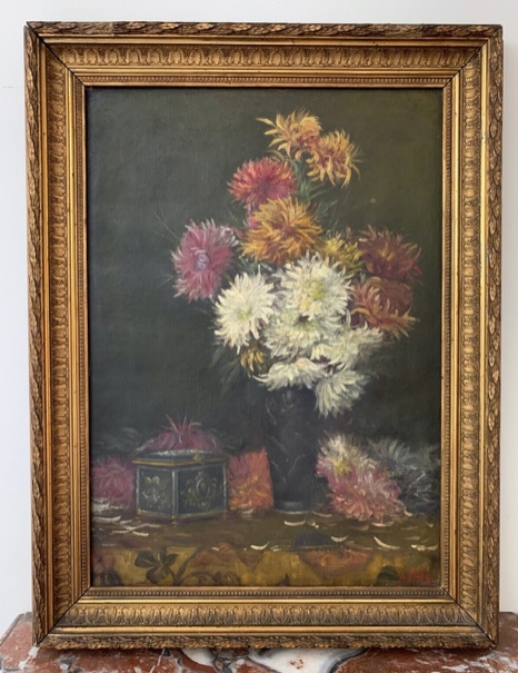 Oil on canvas "Flowers and jewelry box" signed Ombry XIXth