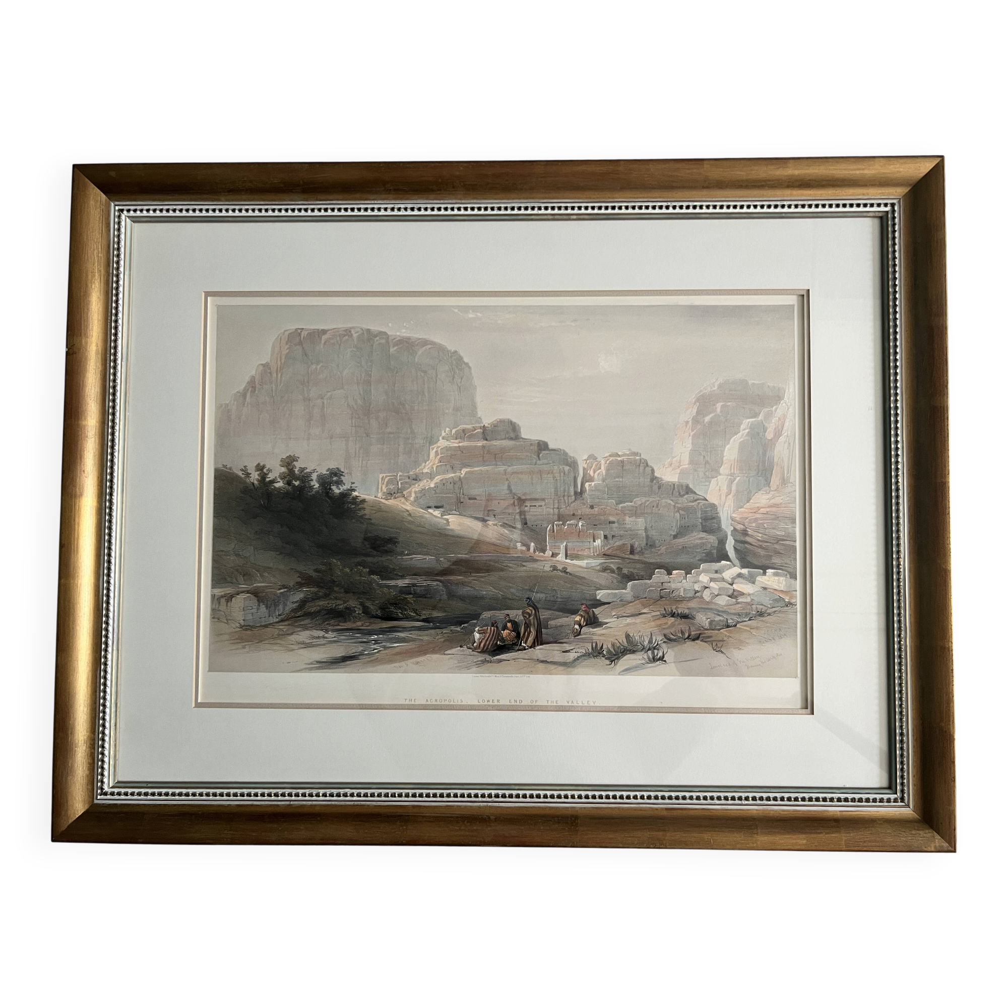 Framed 19th-Century lithograph after David Roberts depicting Petra Acropoli