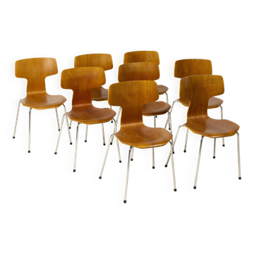 8x Teak T-chairs by Arne Jacobsen, Fritz Hansen, 1980s