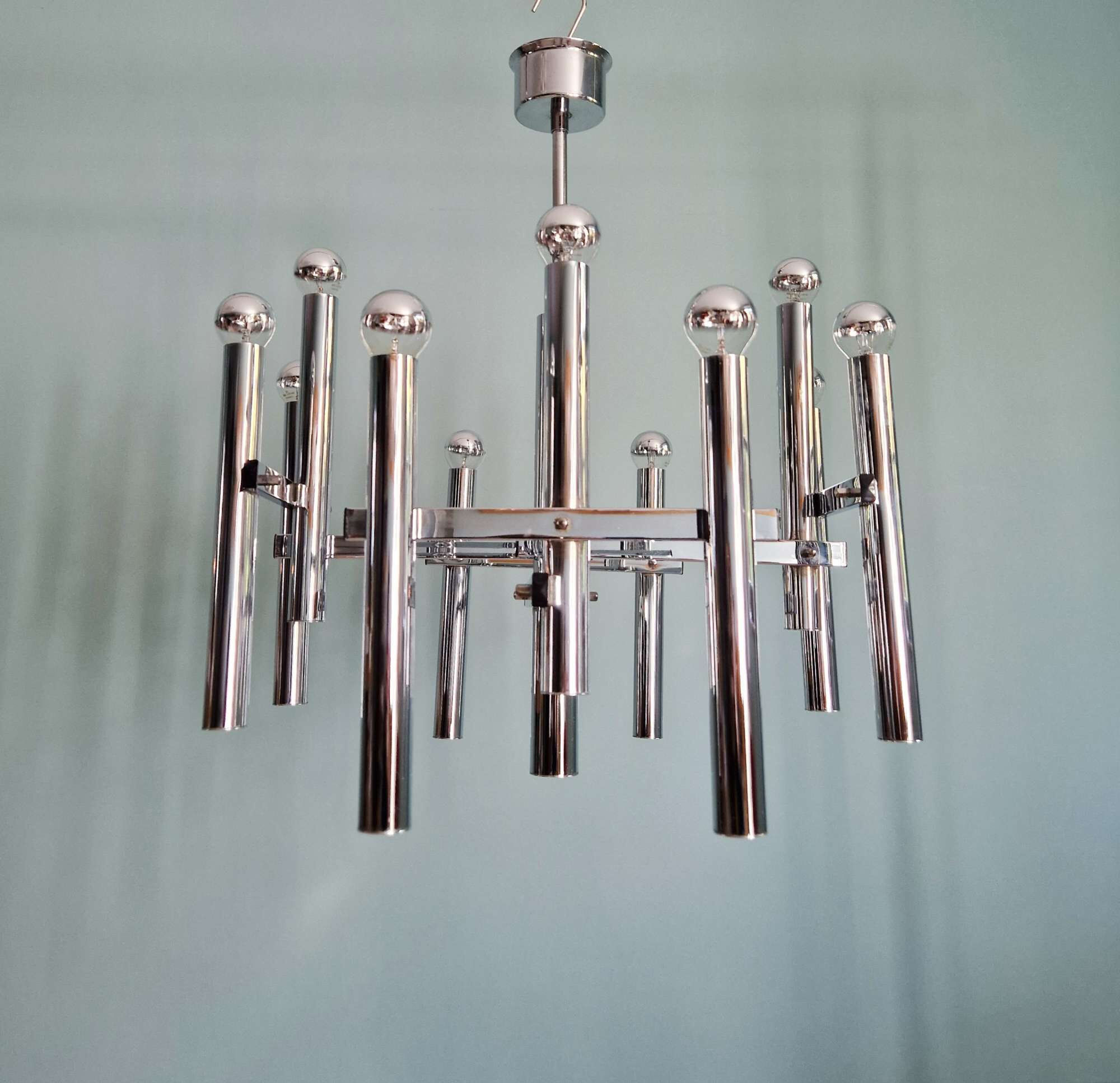 Large geometric chandelier in chromed metal, Massive, 1970