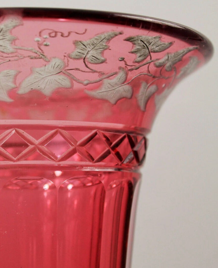 Bohemian red crystal vase decorated with vine leaves, 19th century