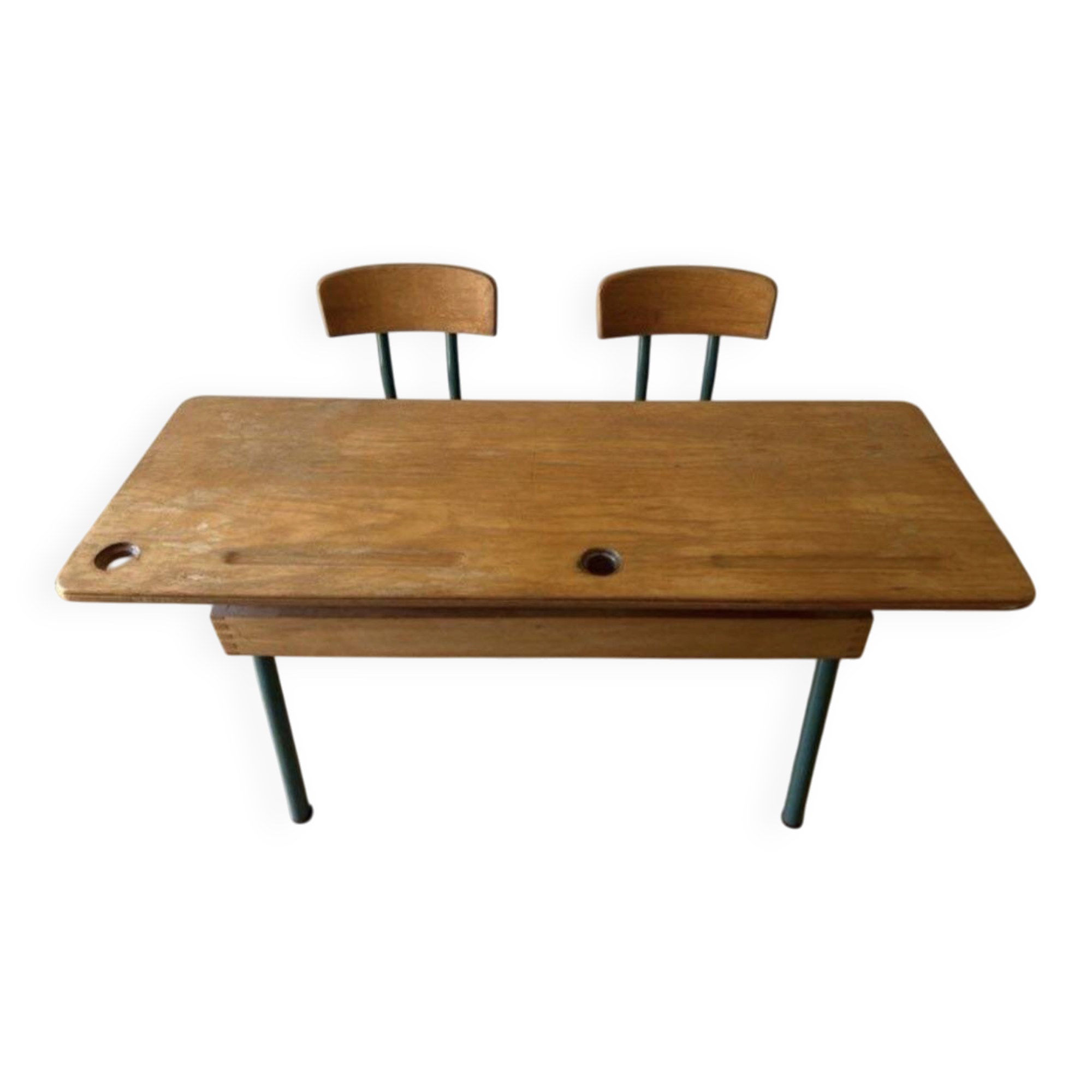 Vintage double school desk with 2 inkwells.