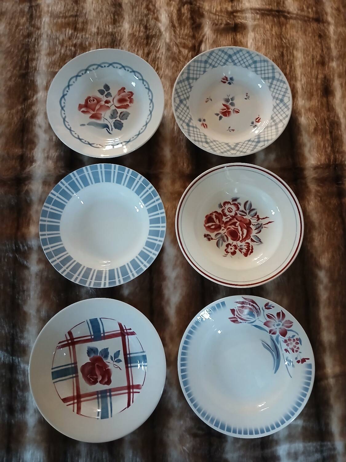 6 mismatched antique deep plates