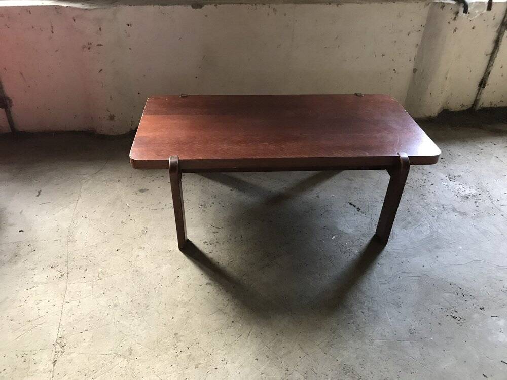 Table basse mid-century en bois marron 1970, plateau rectangulaire coins arrondis