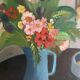 Peinture à l’huile vintage sur toile, années 1950 français nature morte de fleurs, fruits surplombant un village