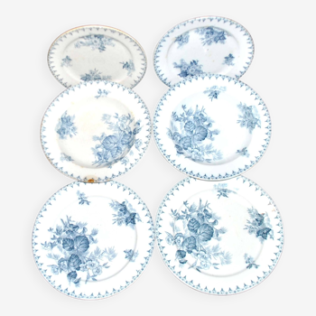 Set of 6 floral plates in sarreguemines earthenware blue flora model d 20 and 23cm