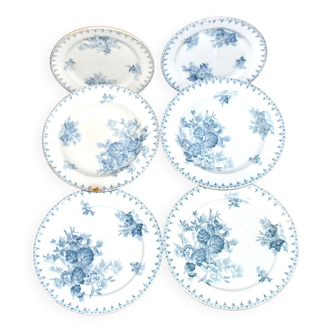 Lot de 6 assiettes fleuris en faïence de sarreguemines modèle flore bleu d 20 et 23cm