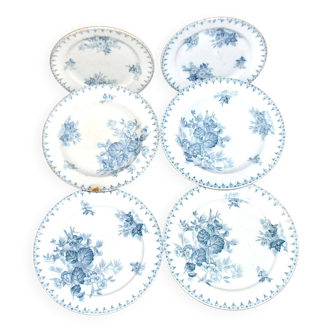 Set of 6 floral plates in sarreguemines earthenware blue flora model d 20 and 23cm