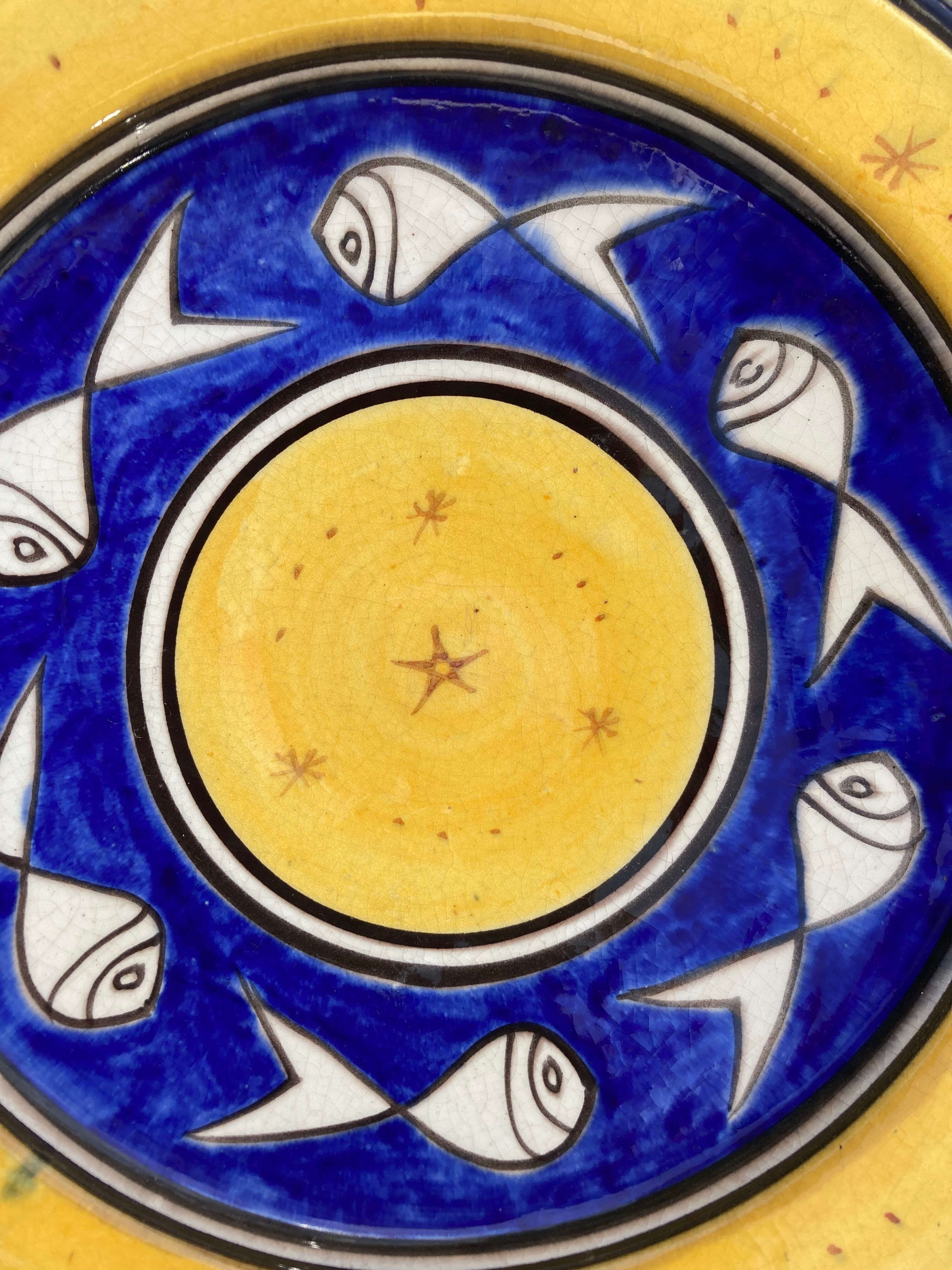 Pair of dishes Safi Dmani ethnic ceramic fish yellow and blue - vintage pottery