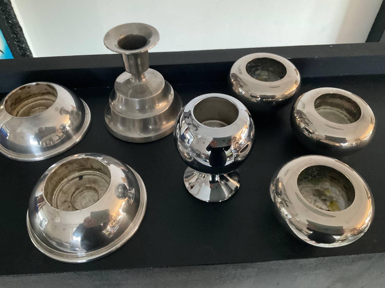 Series of 6 vintage candlesticks in brass and silver metal