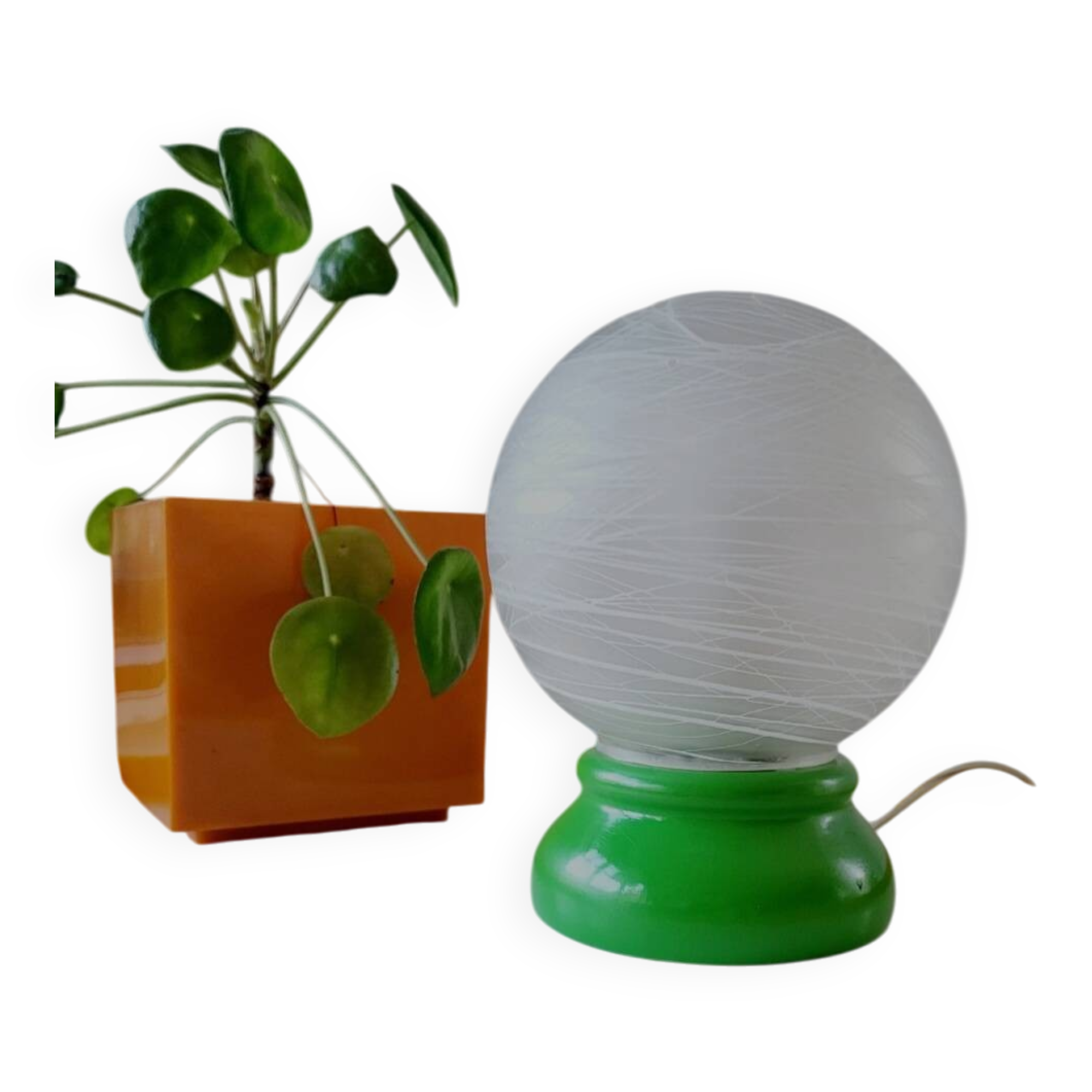 Vintage French table lamp with glass opaline shade and wooden green lamp base.