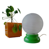 Vintage French table lamp with glass opaline shade and wooden green lamp base.