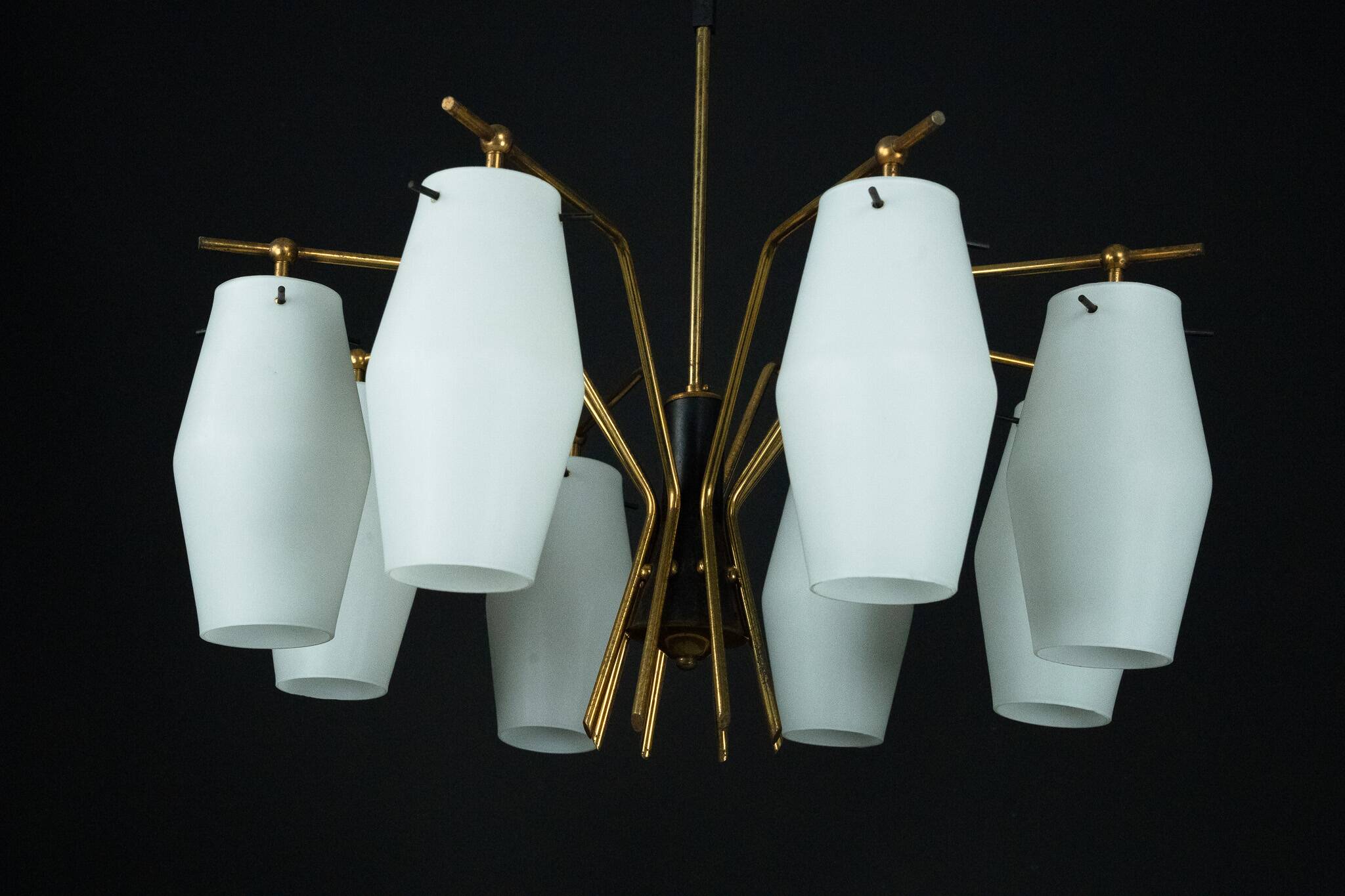 Mid-century chandelier with eight opaline glass shades