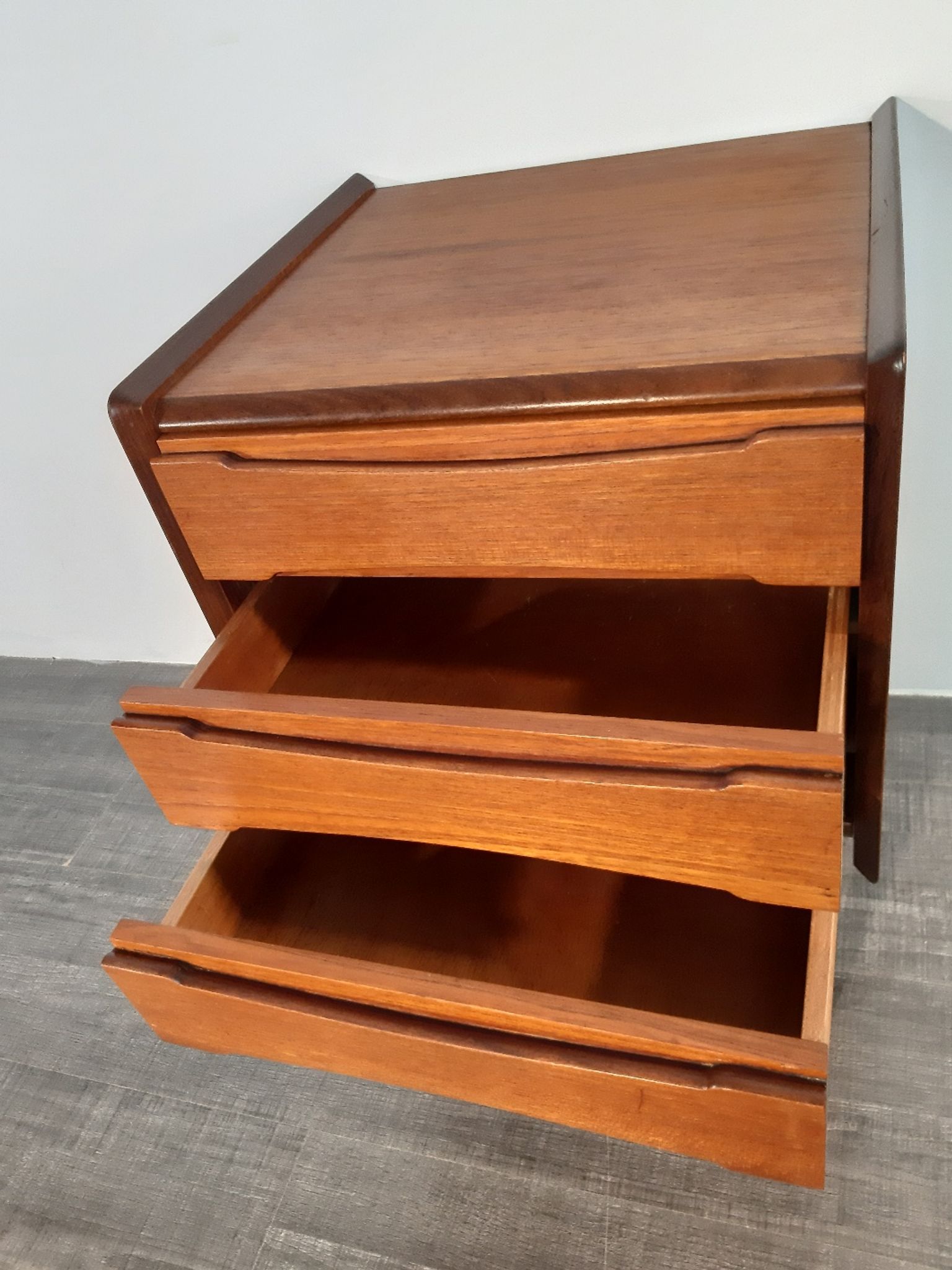 Norwegian bedside table with 3 drawers, teak and brass clogs
