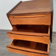 Norwegian bedside table with 3 drawers, teak and brass clogs