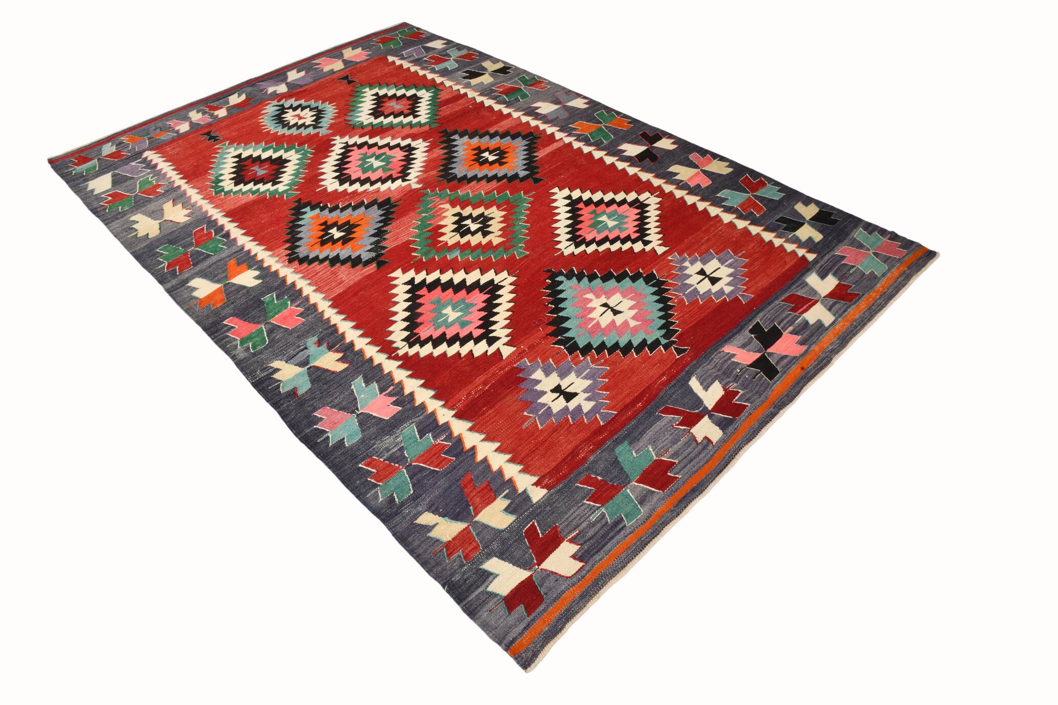 5x9 Red & Green Geometric Tribal Vintage Kilim Rug, 170x267Cm