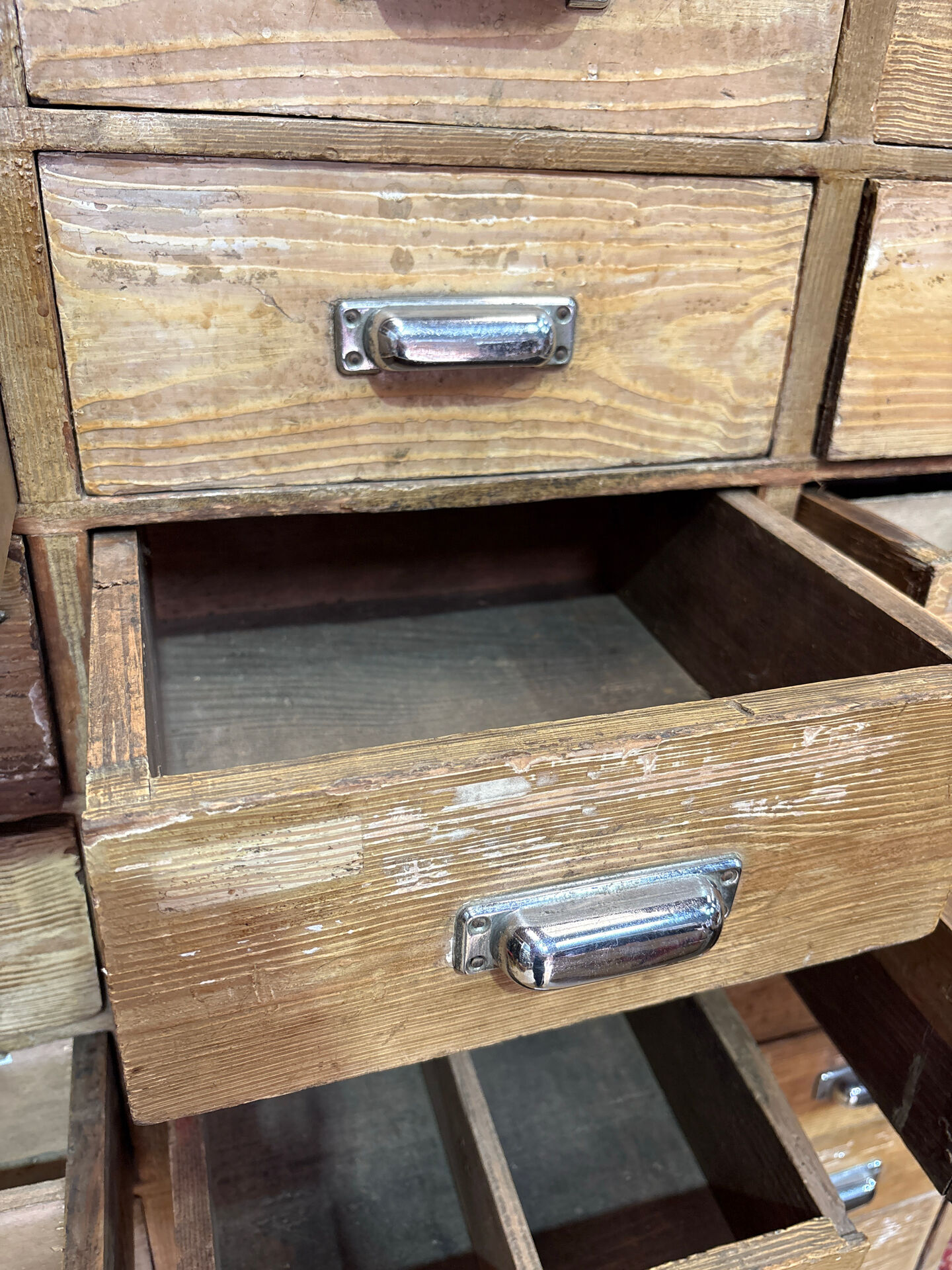 Large antique workshop cabinet with 44 drawers – patinated wood