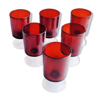 6 old luminarc red foot glasses h10 cm