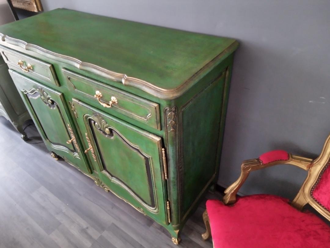Buffet style Louis XV green and golden cerusé.