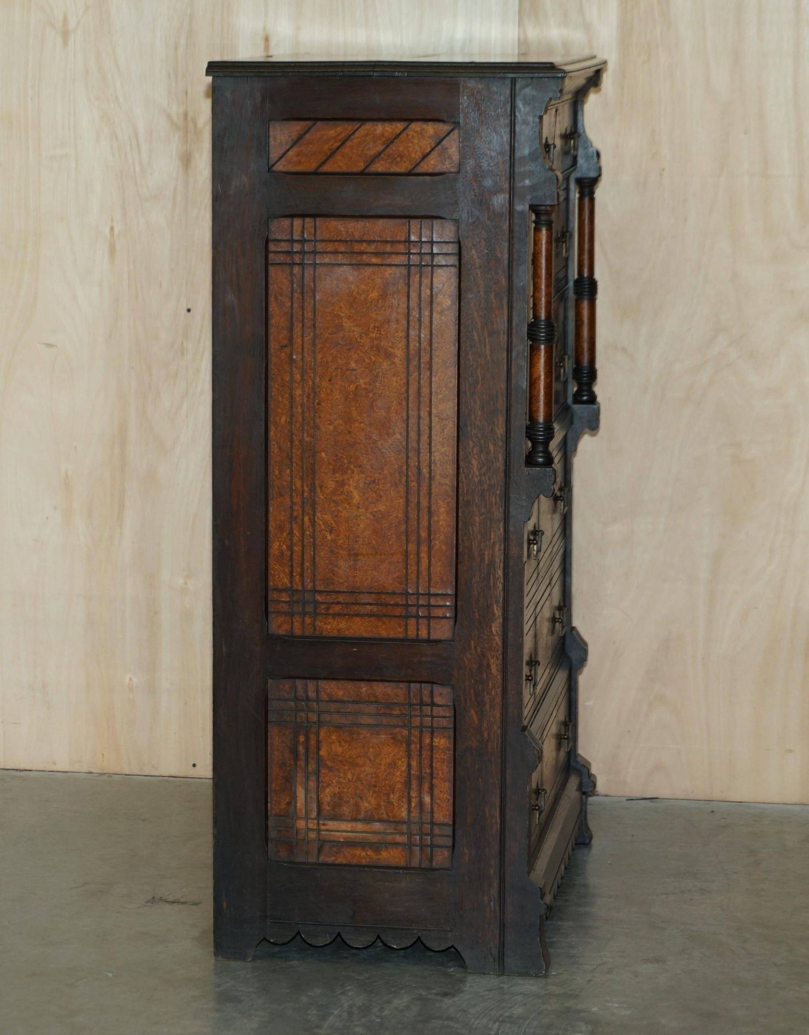 Victorian Wellington chest in figured elm by R Crosby & Son with 160 seal impressions.