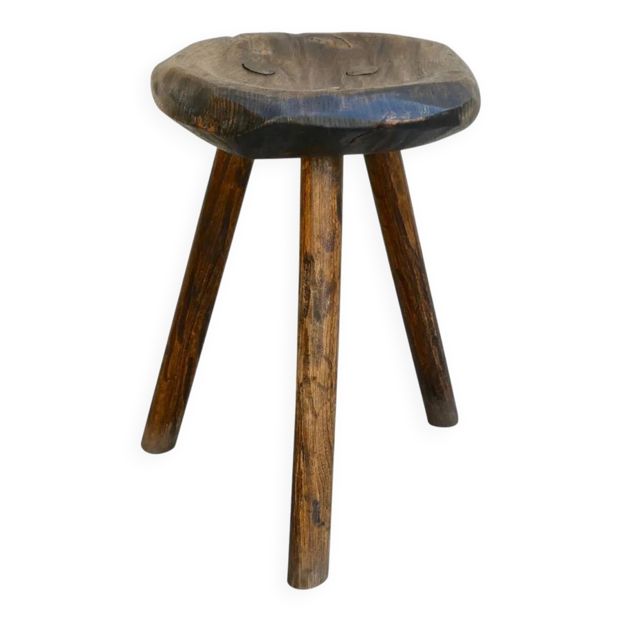 Tripod stool made of carved solid wood, handcrafted, around 1950.